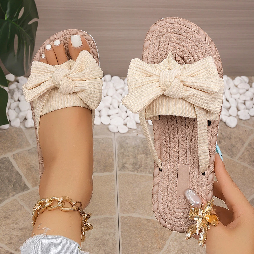 Women Slippers Bowknot Summer Flat Sandals Rope Sole Casual Beach