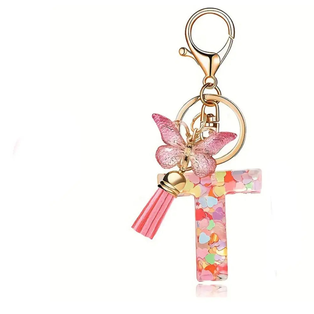 Dreamy 26 Letter Keychain Sequin Alphabet Butterfly Initial Keyring Butterfly Tassel Alphabet Key Chain Handbag DecorWomen Zpaxo Letter T
