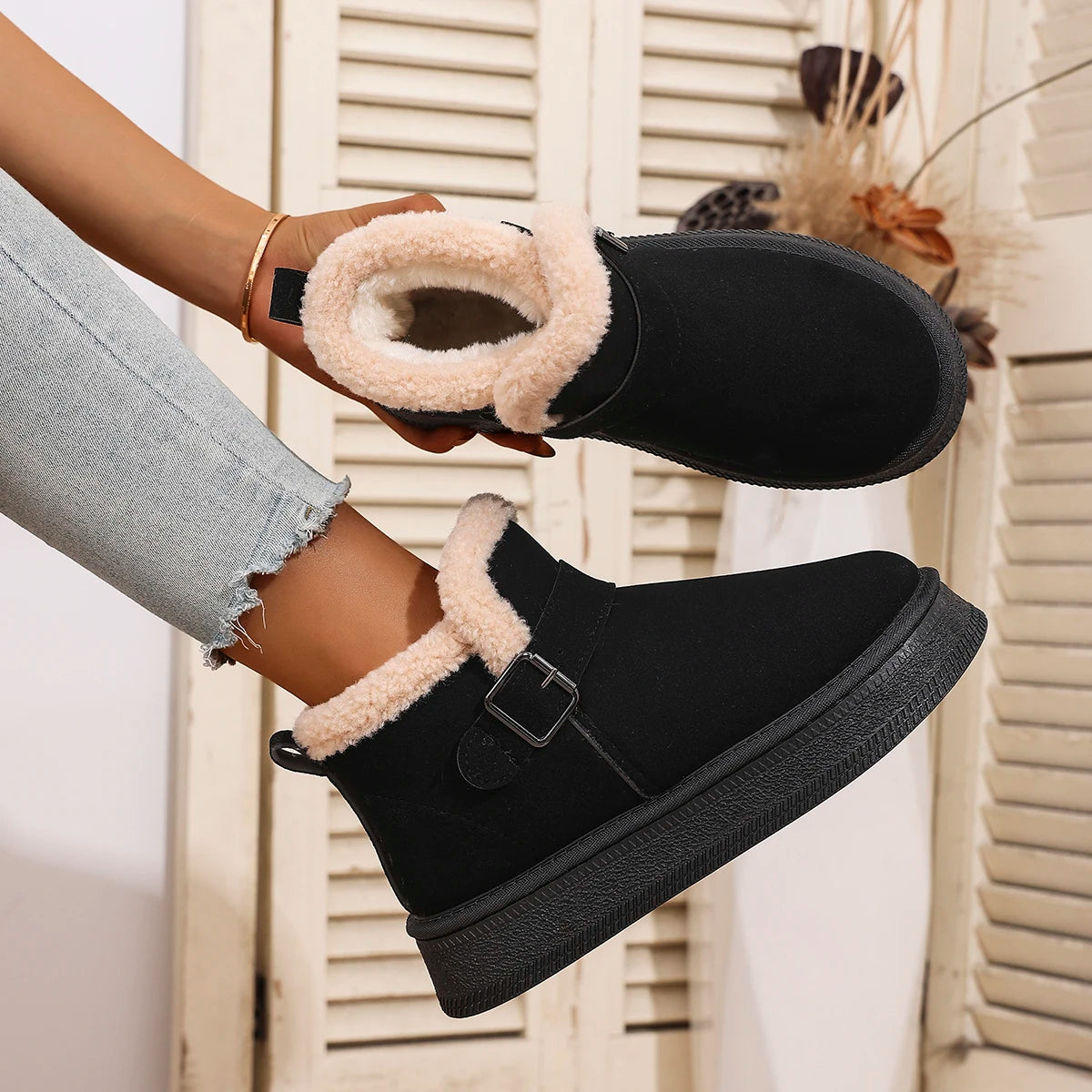 Flat Snow Boots Winter New Round Toe Deep Mouth Suede Metal Buckle Wool Protective and Non-slip Platform Warm Cotton Boots Zpaxo