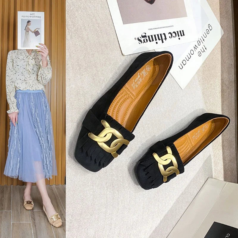 Flat Shoes Woman Retro Tassels Square Shallow Single Shoes for Women 2023 New Metal Buckle Flat Loafers Women Big Size 45 45 46 Zpaxo