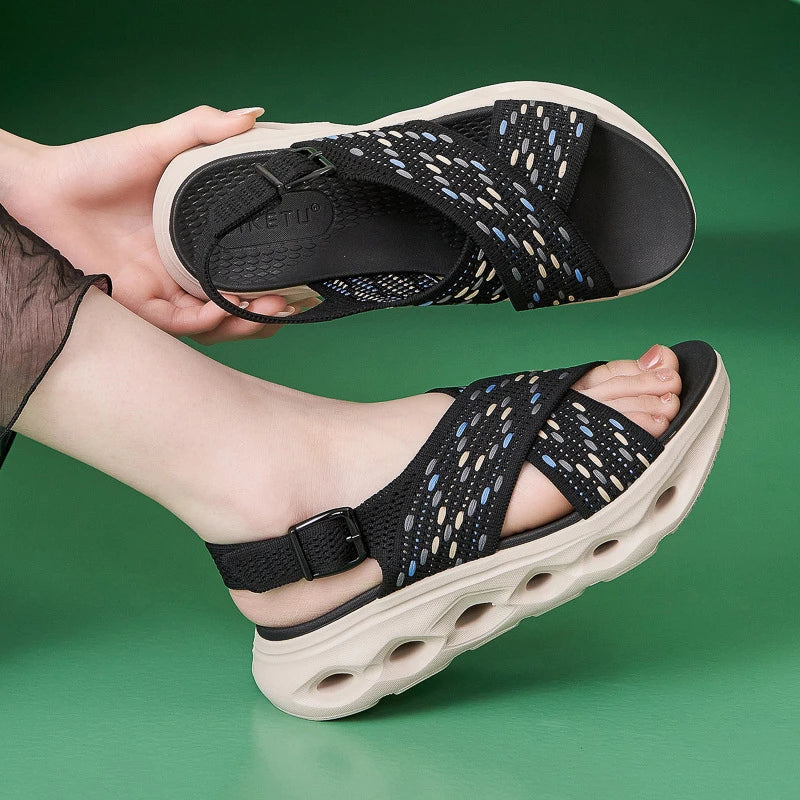Light Pink Knit Wedge Sandals Breathable Woven Upper Adjustable Zpaxo