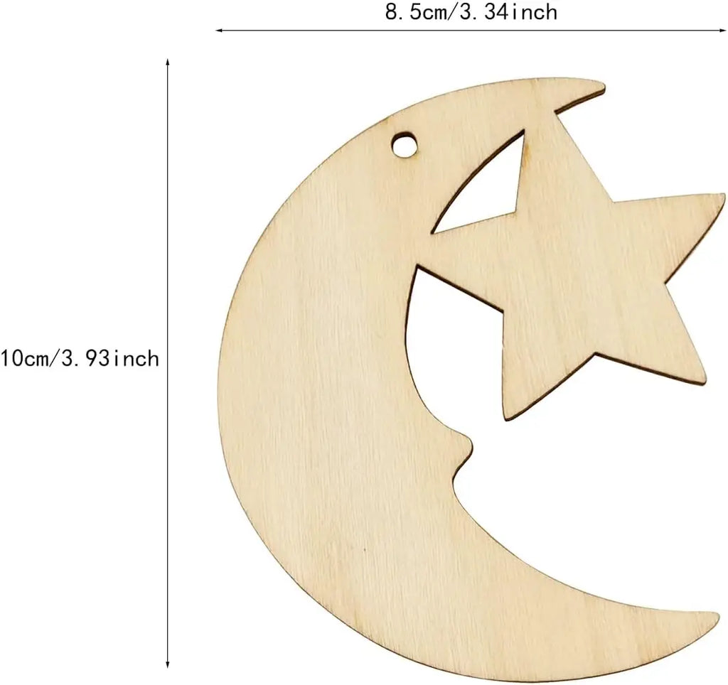 24/48 PCS Wooden Moon & Star DIY Hanging Ornaments + Hemp Rope