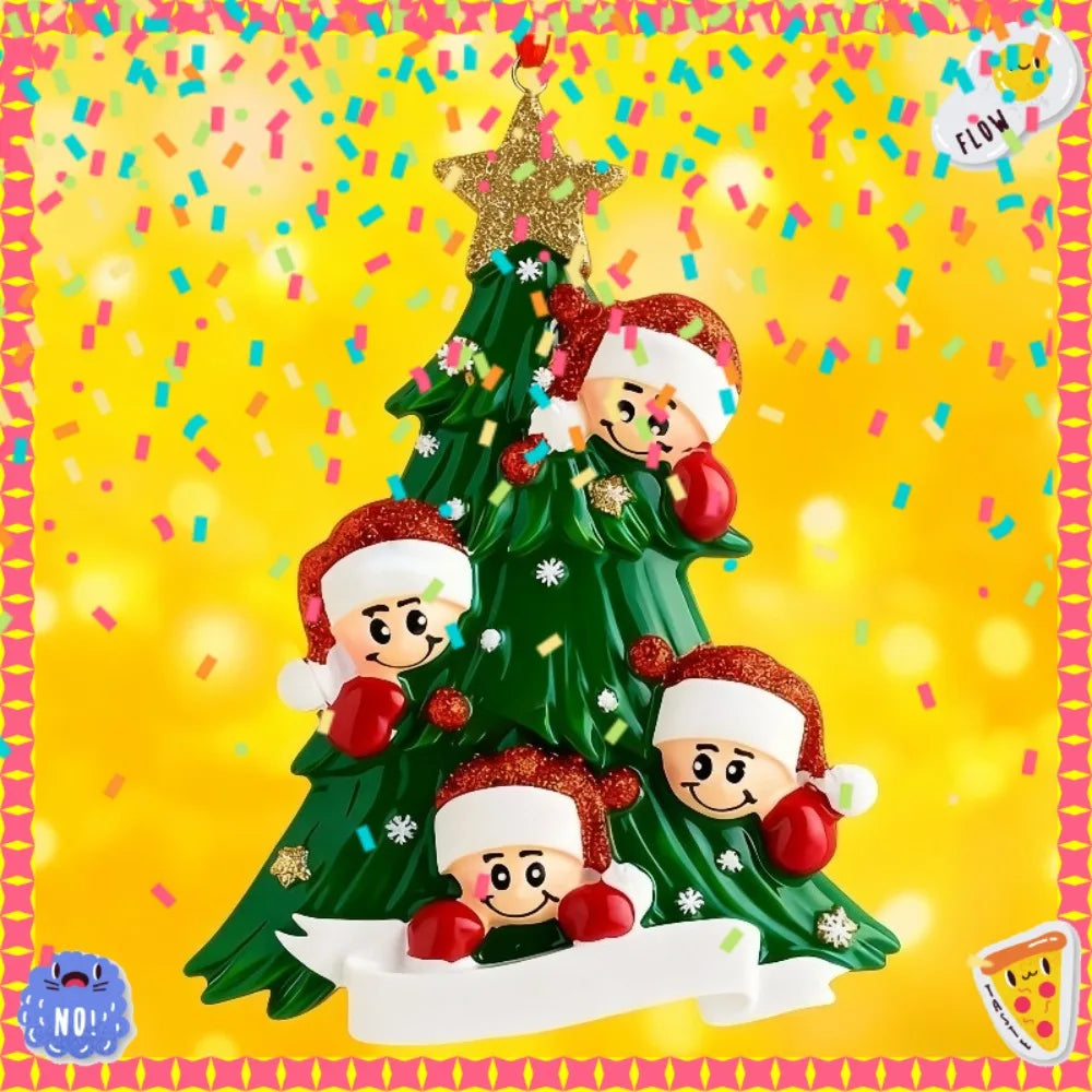 Christmas Tree Pendant Cute Acrylic Ornaments Flat Santa Hat&star Zpaxo Four-Person Family