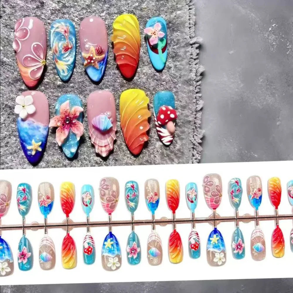 Sweet Ocean Theme Press-on Nails Almond-shaped 3D Flower Gel Fake Zpaxo