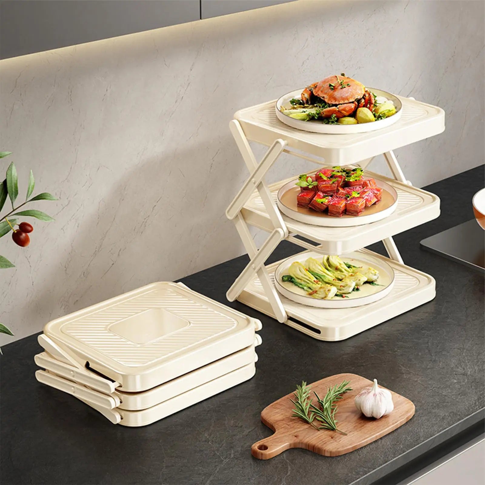 Multi Layer Prep Tray Rack 3 Tier Foldable Space Saving Kitchen