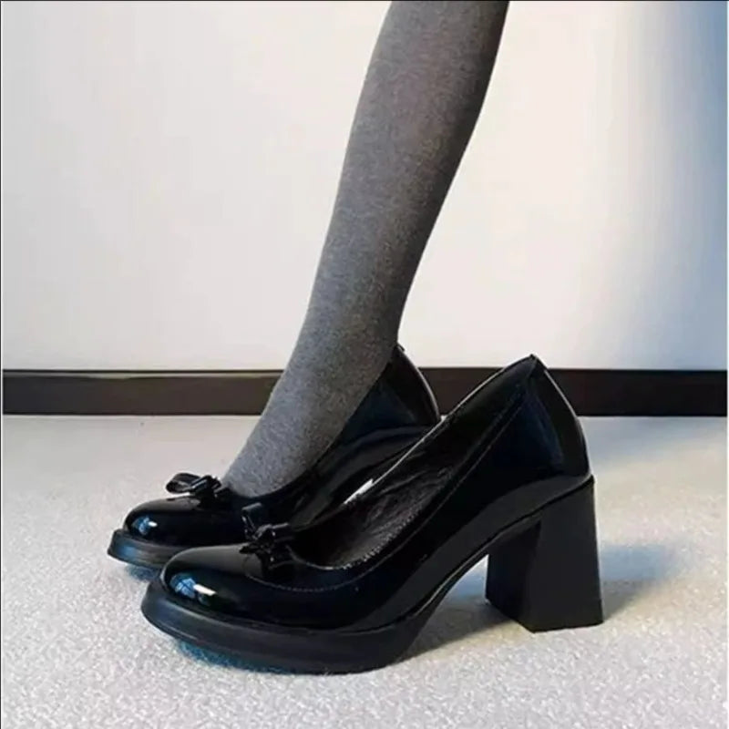 Vintage Bow Shallow Single Shoes Women Slip-On High Heels Block Heel Versatile Commuter Mary Jane Shoes Zpaxo