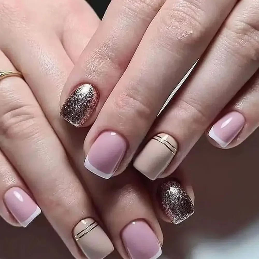24pcs Short Round False Nails Summer Sweet Grapefruit Aurora Borealis French Zebra Full Cover Detachable Nail Tips Zpaxo W979