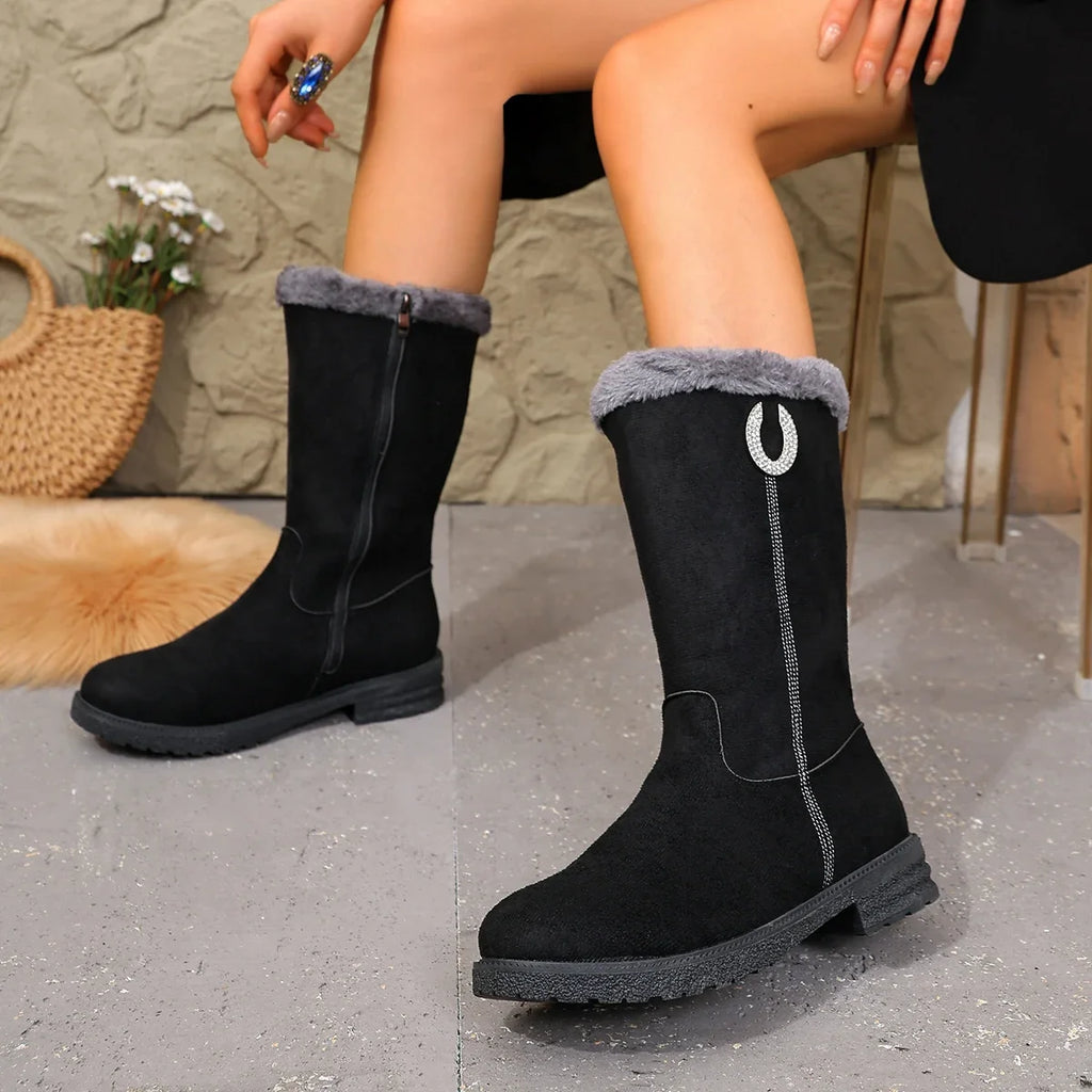 Women Boots Flats Luxury Crystal Fur Shoes Mid Calf Snow Boots 2025 Winter Fashion Warm Sport Shoes Walking Chelsea Bootie Zpaxo