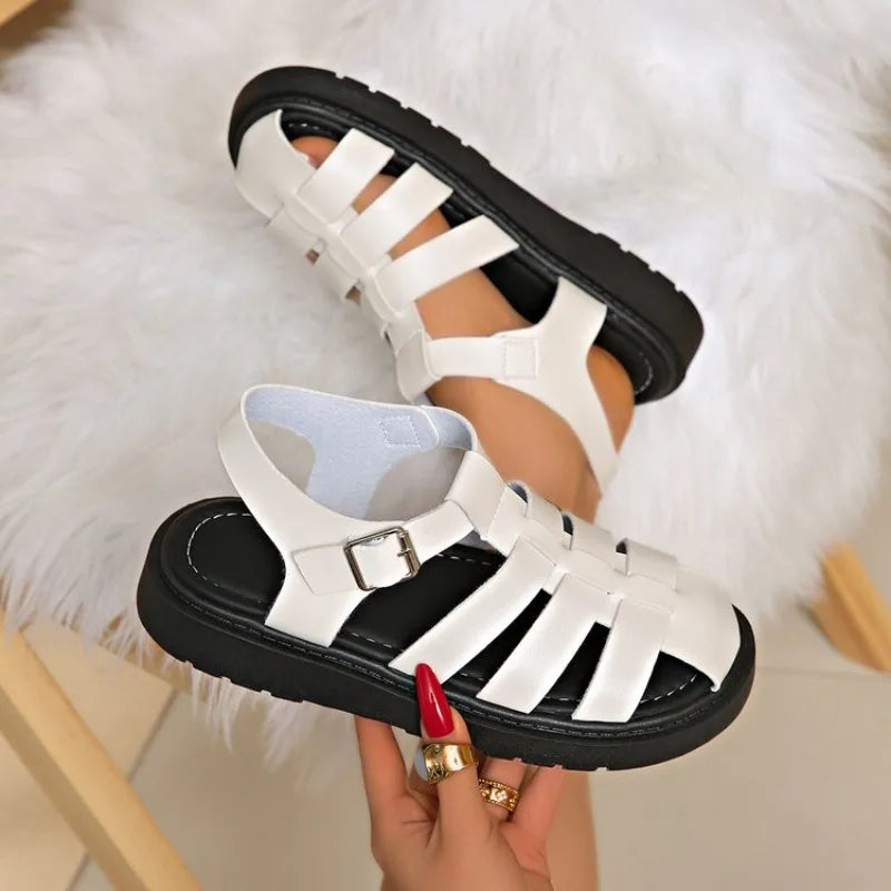 Women's Round Closed Toe Hollow Out Breathable Mid Heel Sandals Zpaxo WHITE 36