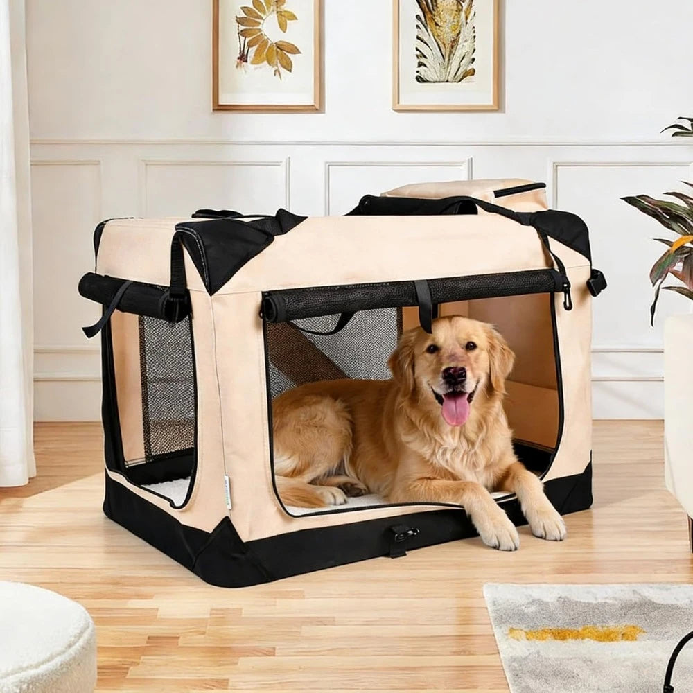 Foldable 3-Door Soft Dog Crate | Travel Pet Carrier with Mat