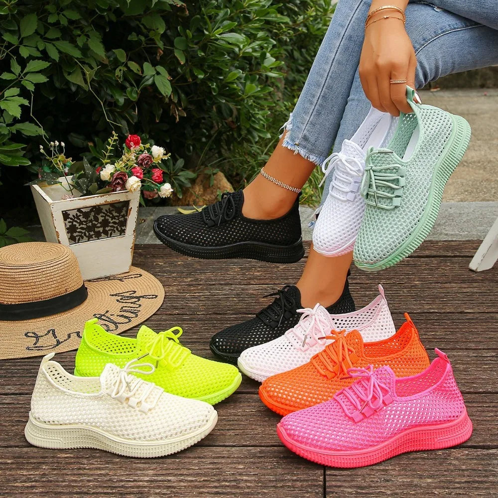 Women's Breathable Mesh Sneakers Lace-up White Walking Shoes Non-slip