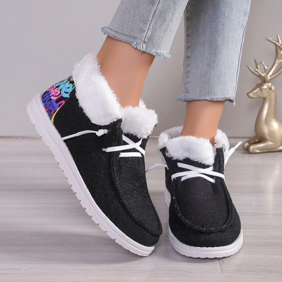 Retro Comfortable Women Plush Lined Snow Boots Sunflower Shoes Print Cozy Slip on Shoes Fuzzy Canvas Shoes Thermal Ankle Boots Zpaxo