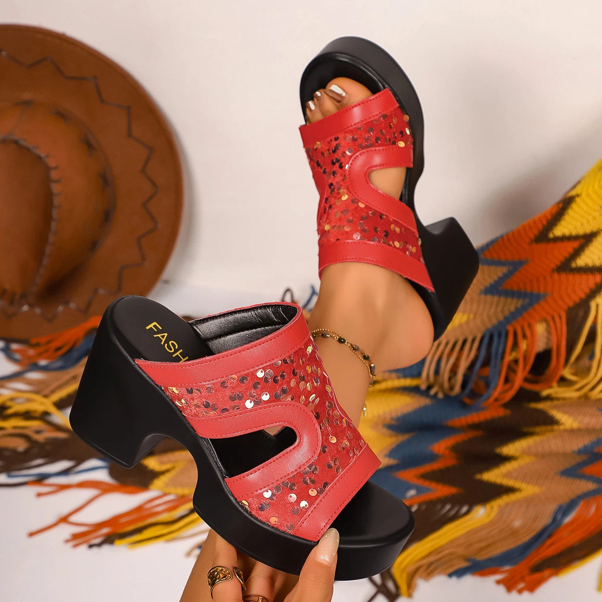 Women Sandals 2026 New Thick Heel Peep Toe Women Shoes Plus Size Summer Beach Sandals Designer Outdoor Elegant Ladies Shoes Zpaxo red sequins 38