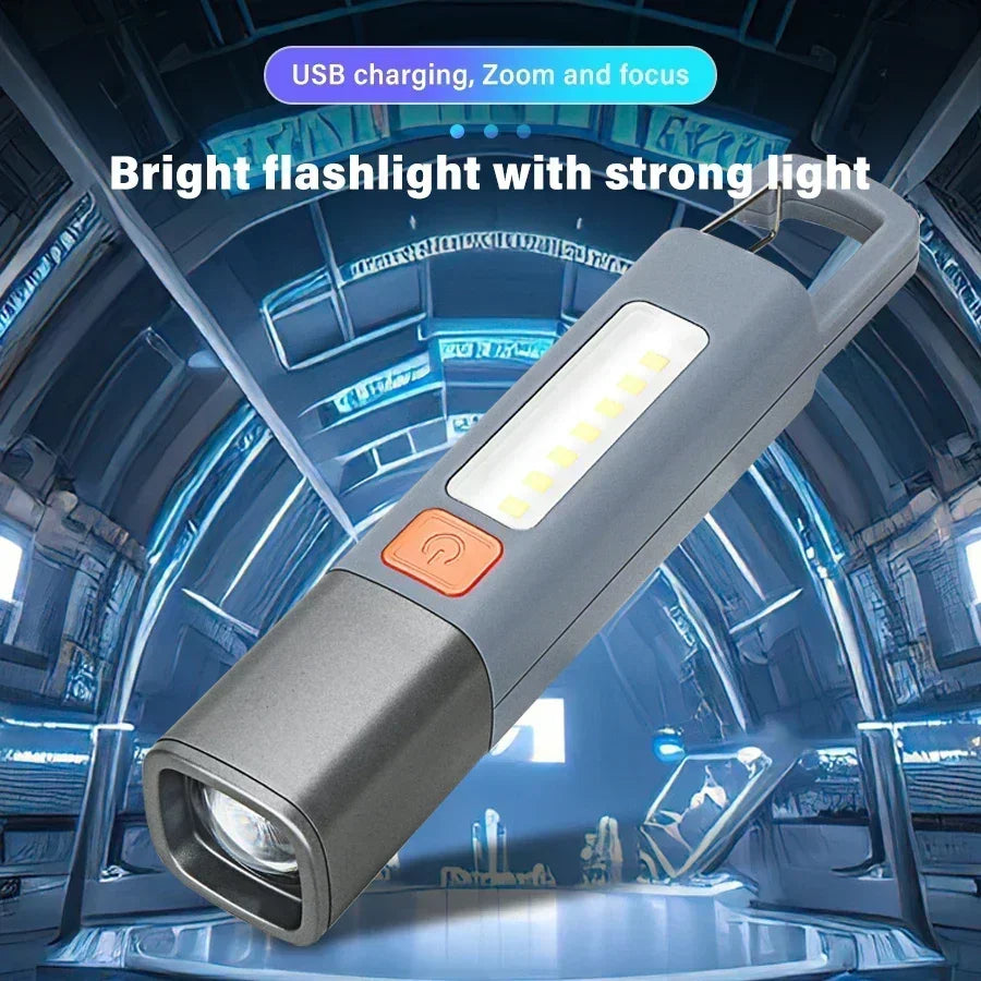 Mini USB Rechargeable LED Flashlight with Hook – Zoomable Torch