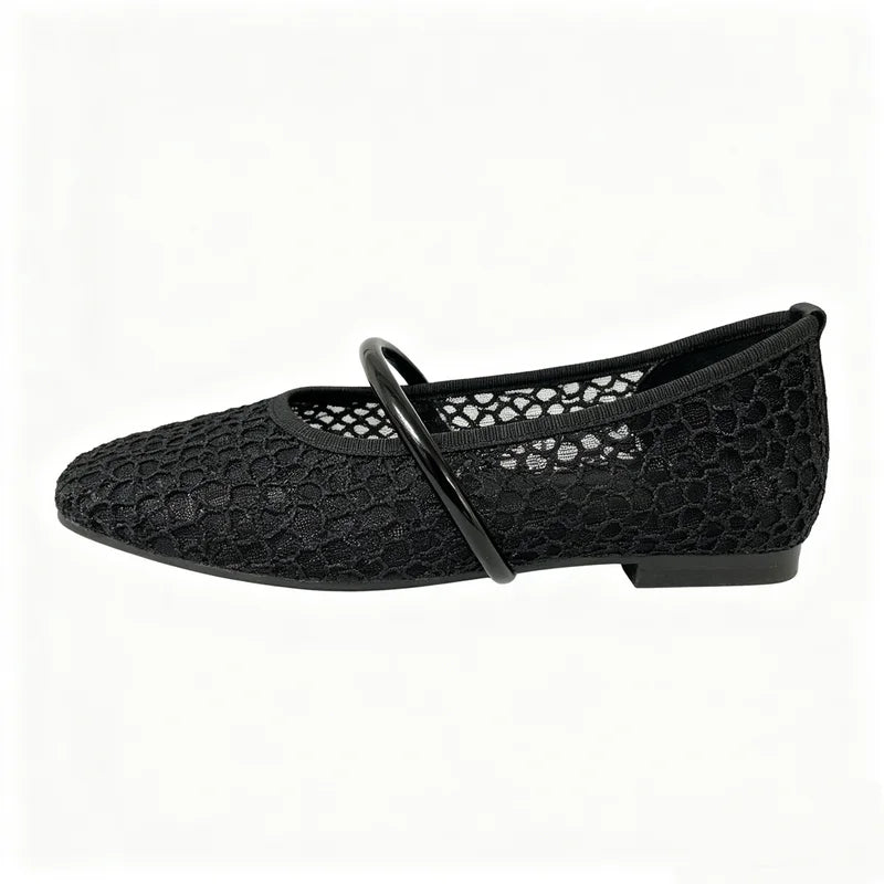Women Hollow Mesh Mary Jane Flats Breathable Lace Square Toe Flat Shoes Black Thin Strap Comfort Walking Daily Office Dress Shoe Zpaxo Black (1cm) 37