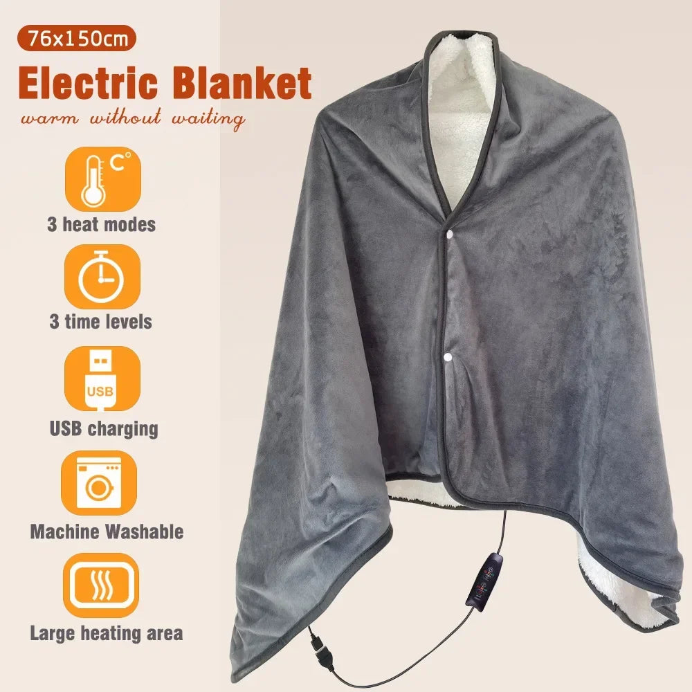 USB Electric Heated Blanket – 3 Heat Levels, Wearable & Washable Heated Blanket Zpaxo Grey 76x150CM