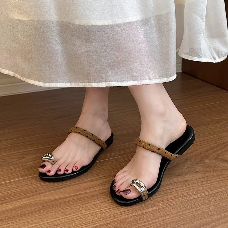 Women's Wave Point Fish Mouth Toe Loop Slippers Summer Women Vintage Zpaxo Khaki 39
