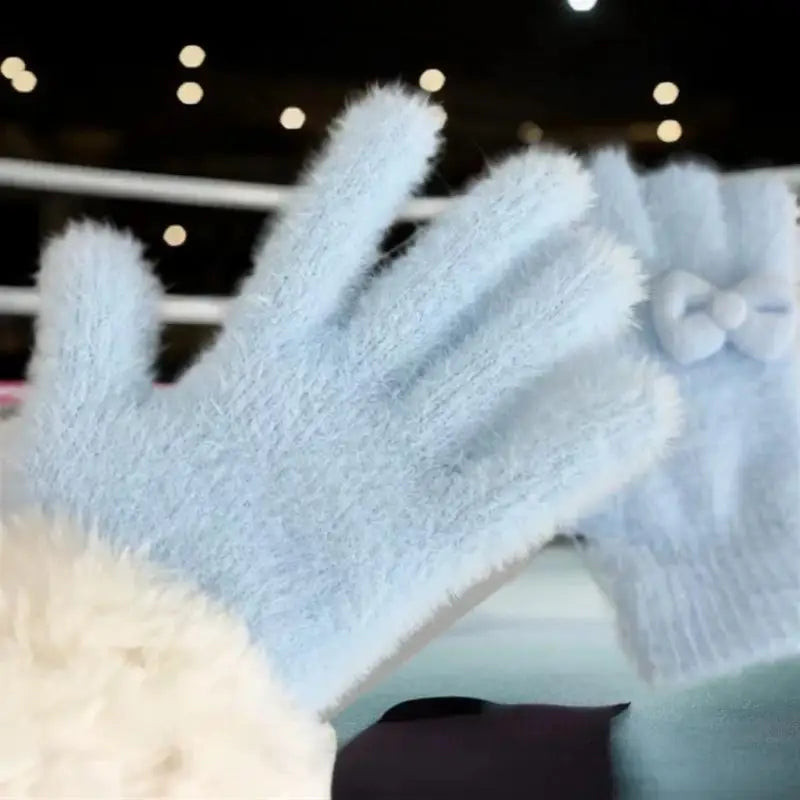 Charming Plush Gloves Bow Detailing Keep Warm Winter Stylish Women Zpaxo