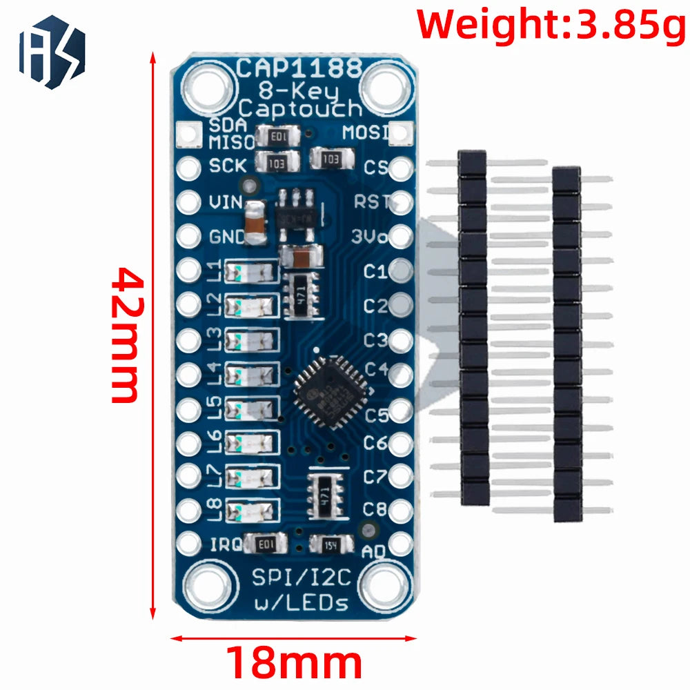 3V-5V CAP1188 8-Key Capacitive Touch Sensor Module: SPI/I2C Interface, 8 Button/Key Ports with LED –for Arduino-Compatible Zpaxo