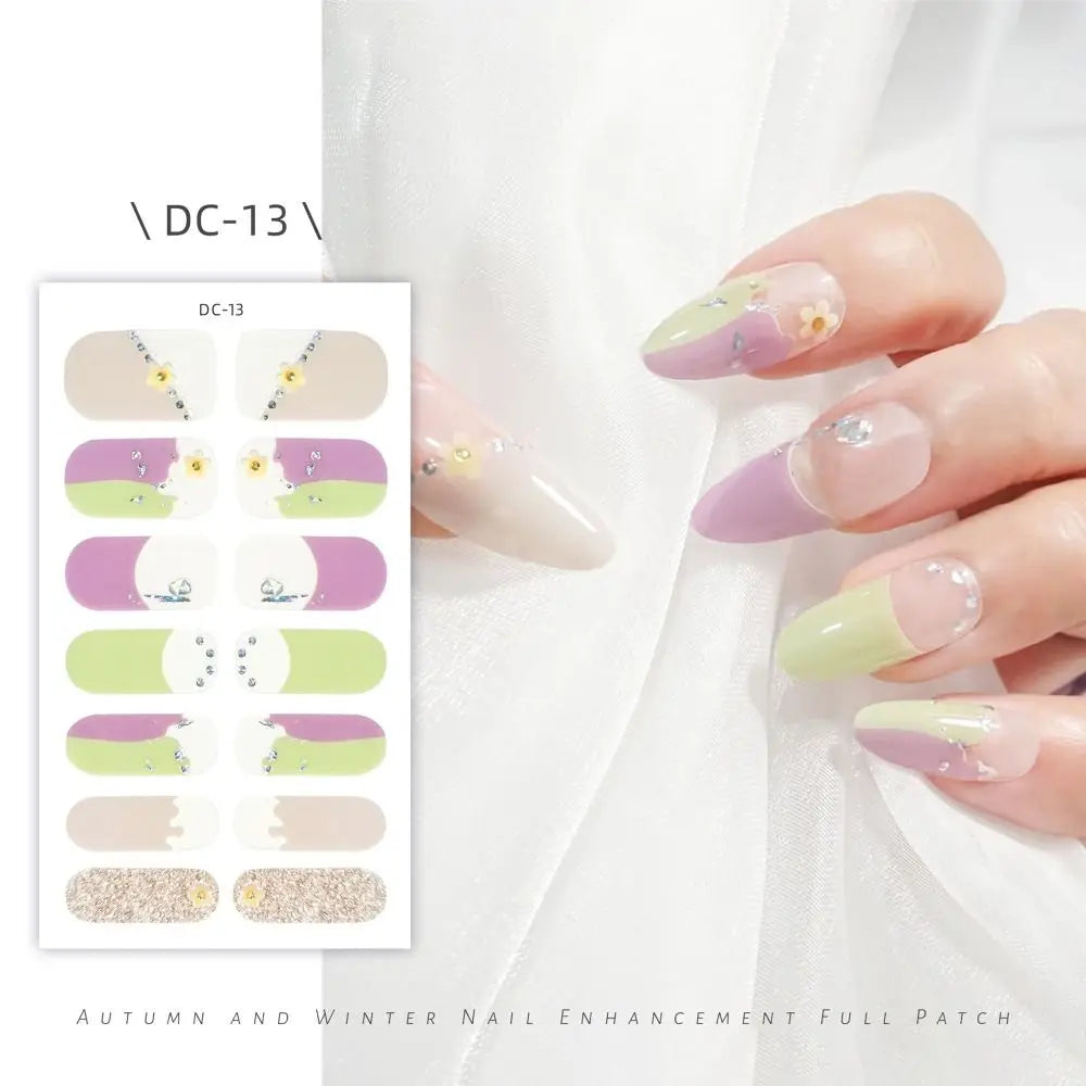 14 Strips Semi Cured Gel Nail Stickers Floristic Full Cover Gel Nail Polish Strips French Nail Art Glittering Nail Art Stickers Zpaxo DC-13