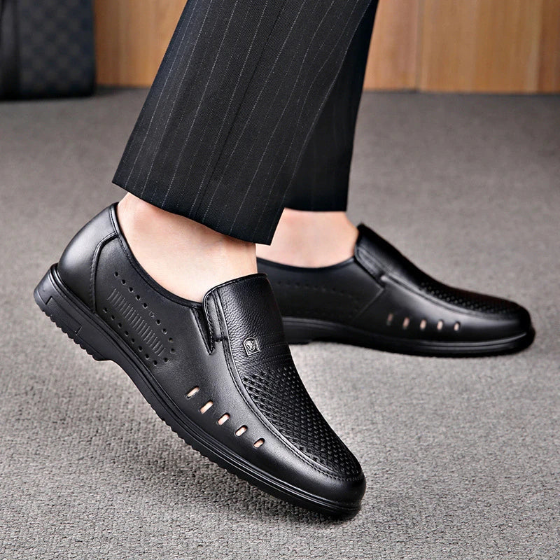 Mens Black Leather Perforated Slip Loafers Breathable Soft Sole Zpaxo