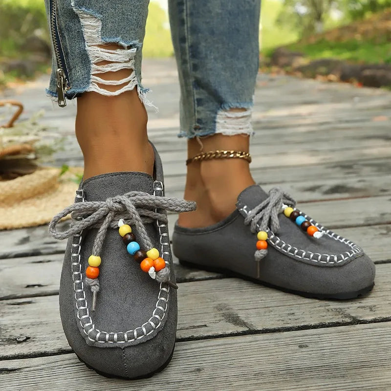 Women's Slip-on Loafers Soft Bottom Suede Leather Ethnic Flats Beaded Zpaxo 39 grey