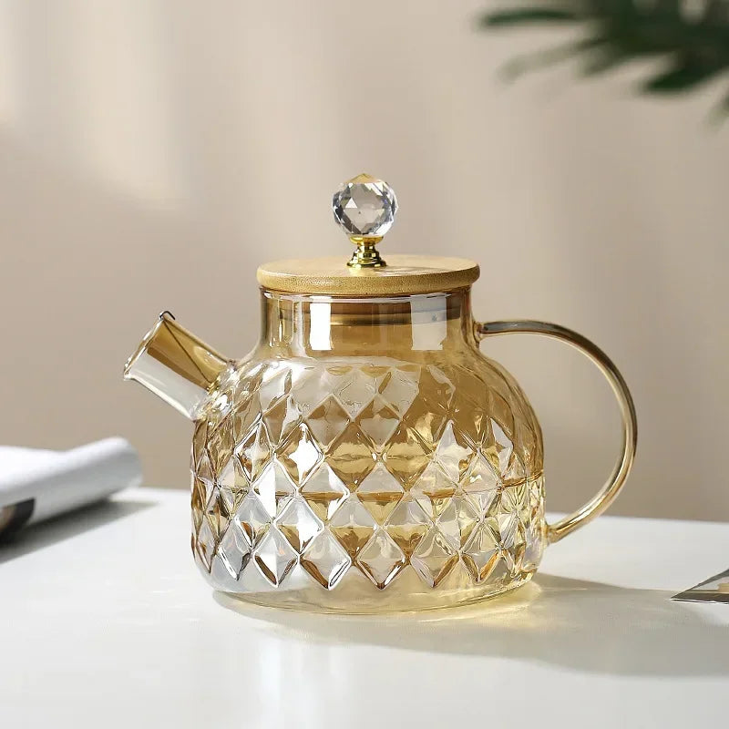1/1.8L Glass Tea Kettle With Bamboo Lid And Removable Filter Spout Champagne Teapot For Loose Leaf Blooming Tea And Fruit Tea Zpaxo 1L