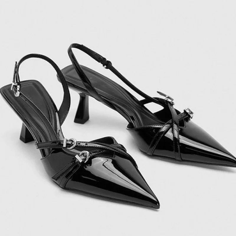 Fashionable Pointed Toe Shallow Mouth New High-heeled Shoes Summer Elegant Buckle Decorated Stiletto Black Women's Shoes Zpaxo
