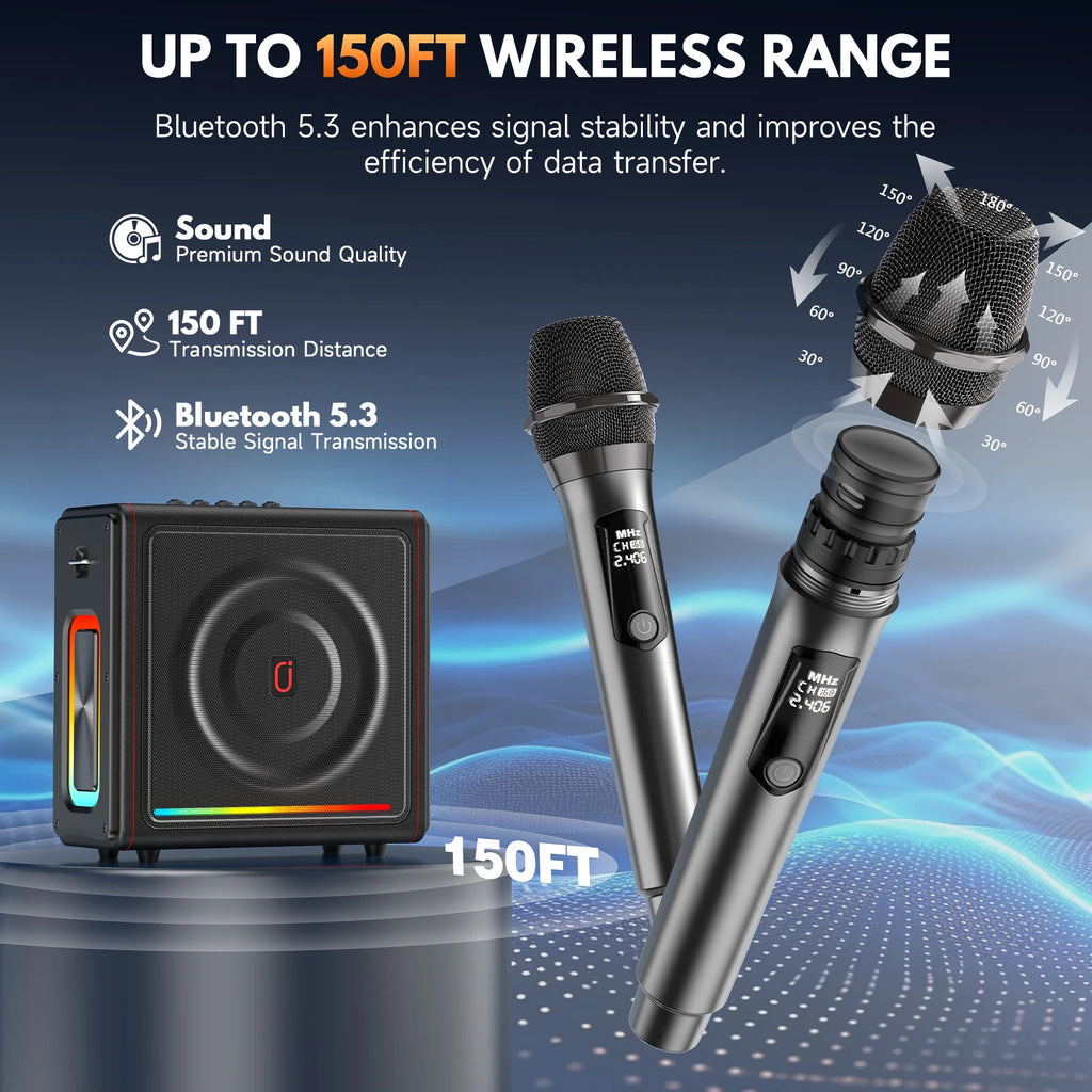 MS78 Karaoke Machine 2 Wireless Mics Bluetooth 5 3 Speaker Bass
