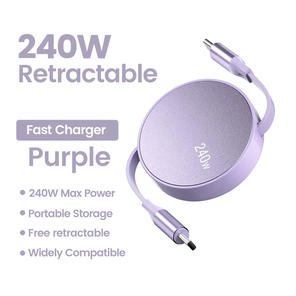 240W PD USB Type C To Type C Cable Retractable Fast Charging USB C Cable For iPhone 15 Huawei Xiaomi Samsung MacBook Data Wire Zpaxo Purple