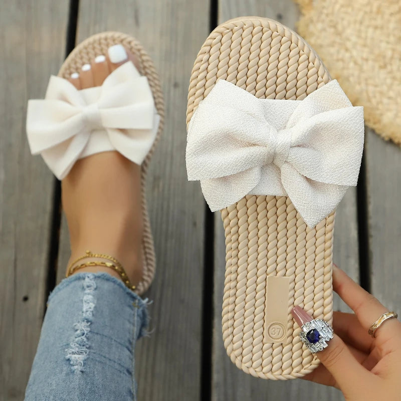 Women Slippers Casual Lightweight Shoes Summer Fashion Bowknot Slides Zpaxo Beige 43