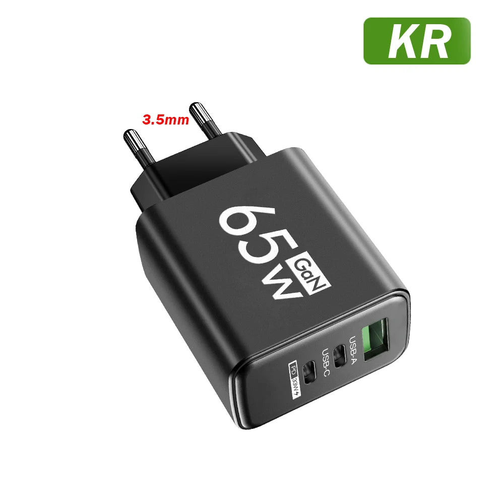 65W GaN USB-C Fast Charger | QC 3.0 Wall Adapter – iPhone & Android GaN USB-C Charger Zpaxo KR Black