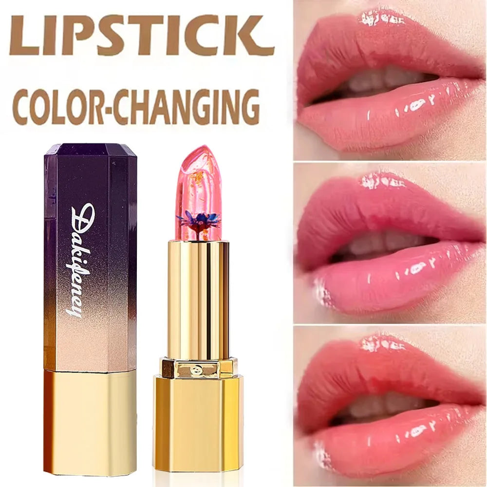 Transparent Flower Infused Lipstick, Gold Foil Jelly Lip Gloss for Long-lasting Hydration & Pink Tint Zpaxo DJ001