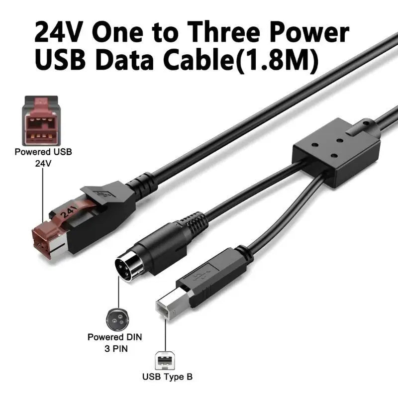 652F 24V Powered USB to 3Pin Power Din Male USB2.0 B Male Data Power Cable Adapter For Barcode Scanning Guns Accessories Zpaxo