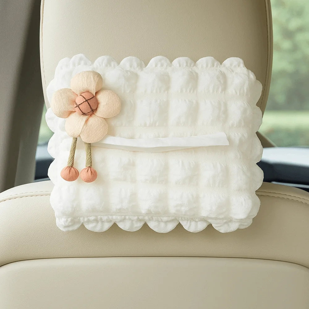 Puff Grid Flower Car Tissue Box Bow Soft Hanging Napkin Holder Zpaxo