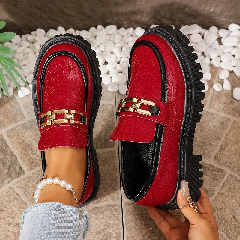 Metal Buckle Embellishment Spring Autumn Women Round Toe Comfortable Zpaxo Red 35