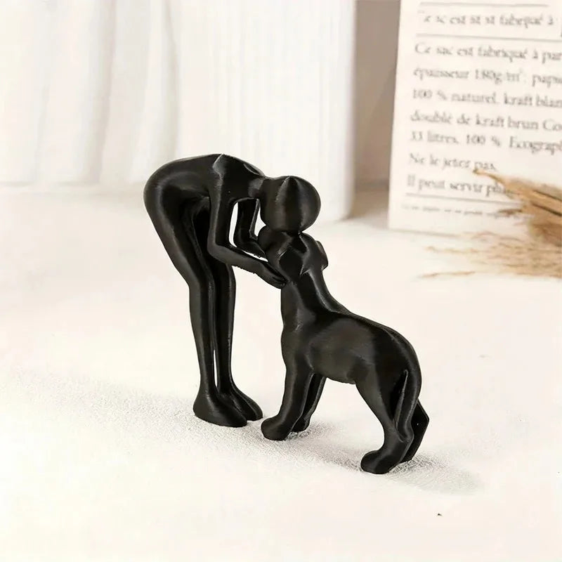Abstract Art Sculpture Figurine Black Dog Owner Statue Interactive