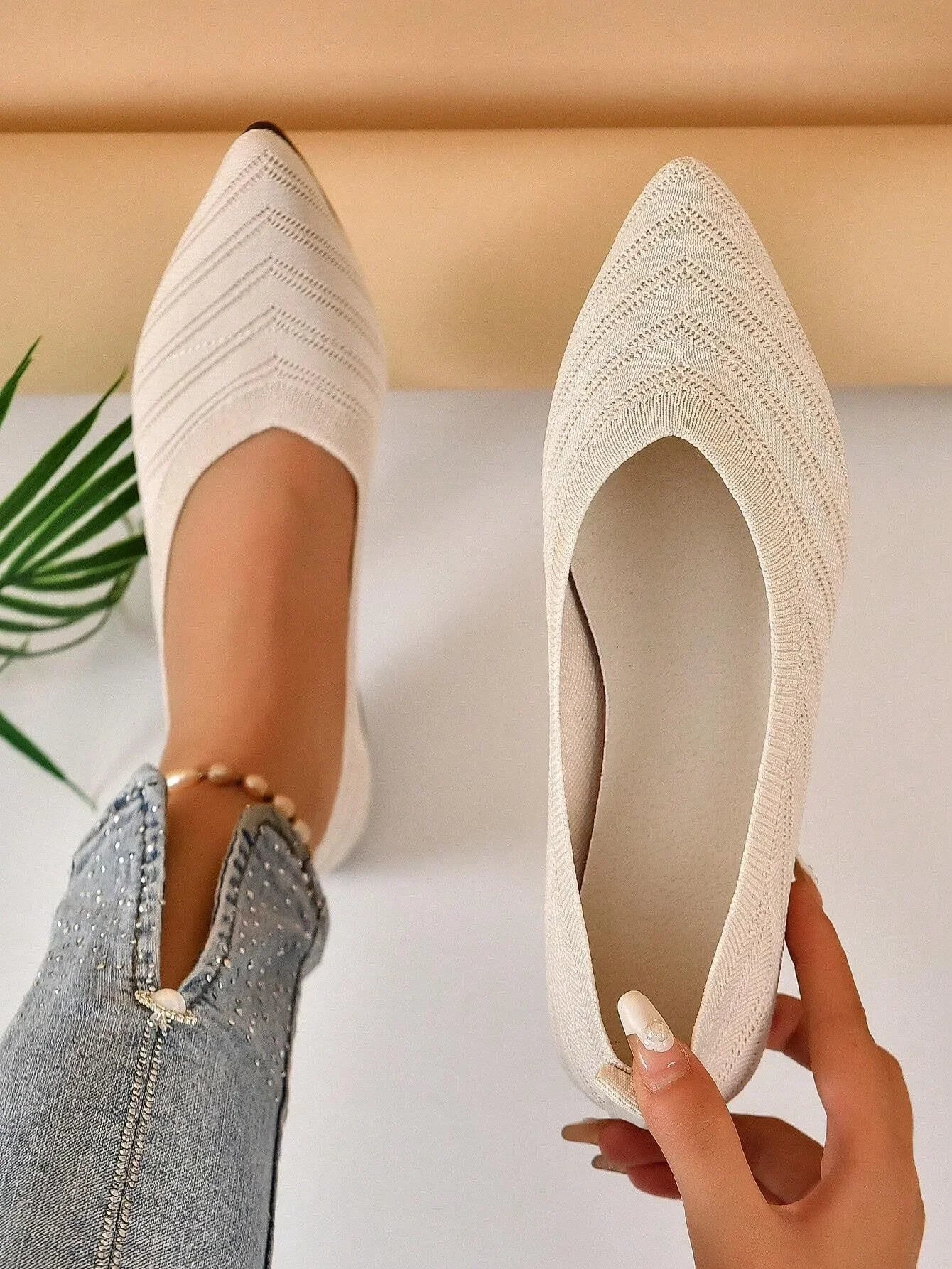 Women's Pointed Toe Flat Shoes Solid Knitted Slip Casual Breathable Zpaxo Beige 39