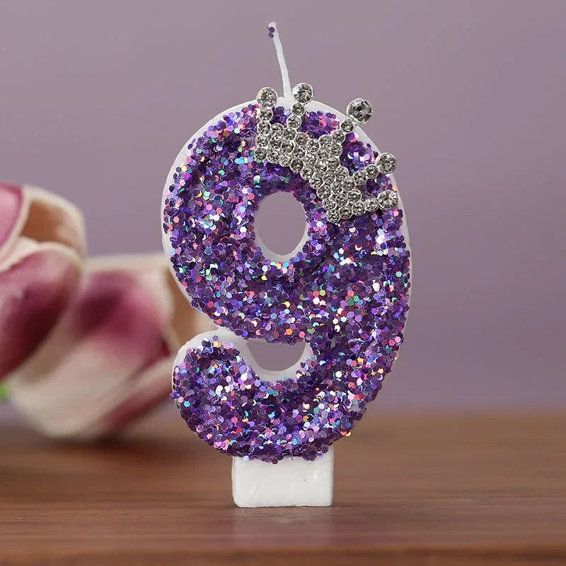 Purple Glitter Crown-shaped Number Birthday Candles Cake Decorations