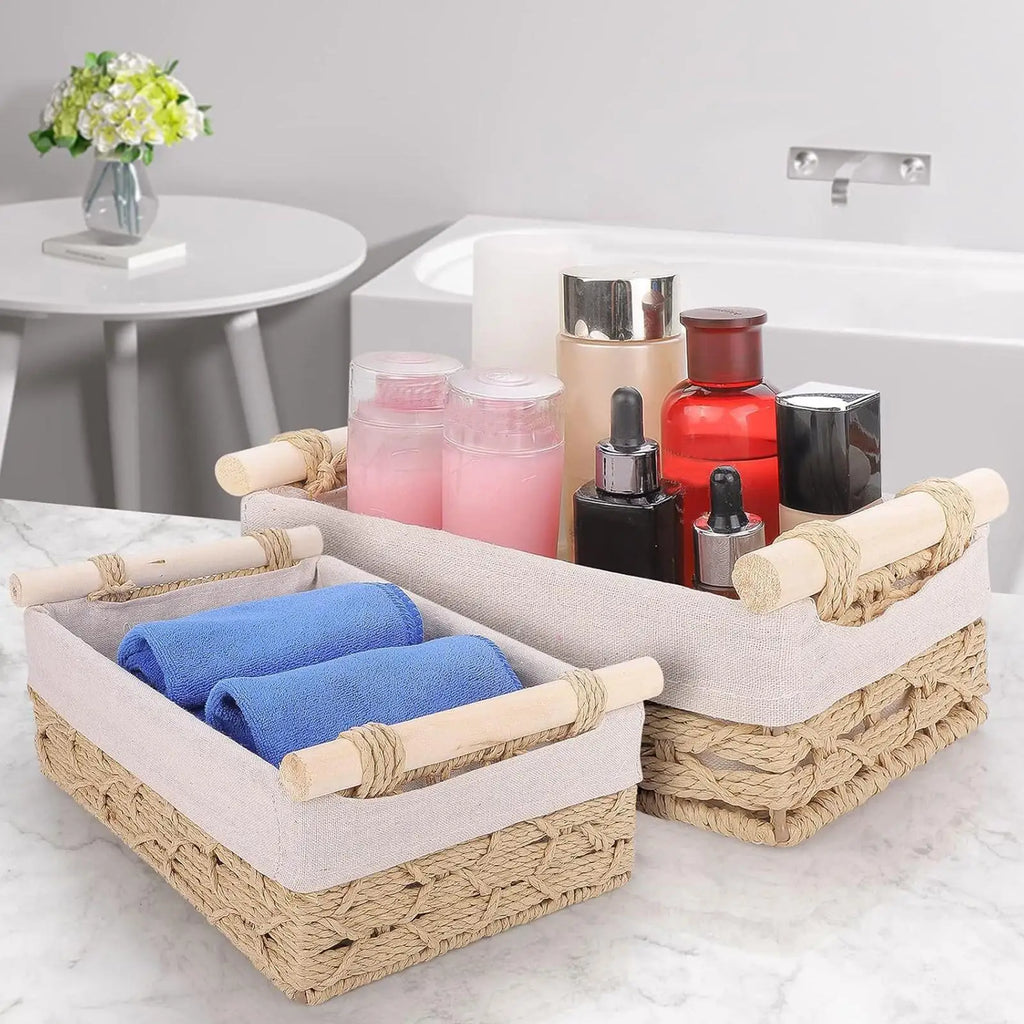 Wicker Storage Basket Woven Paper Rope Bin Handles Liners Desktop