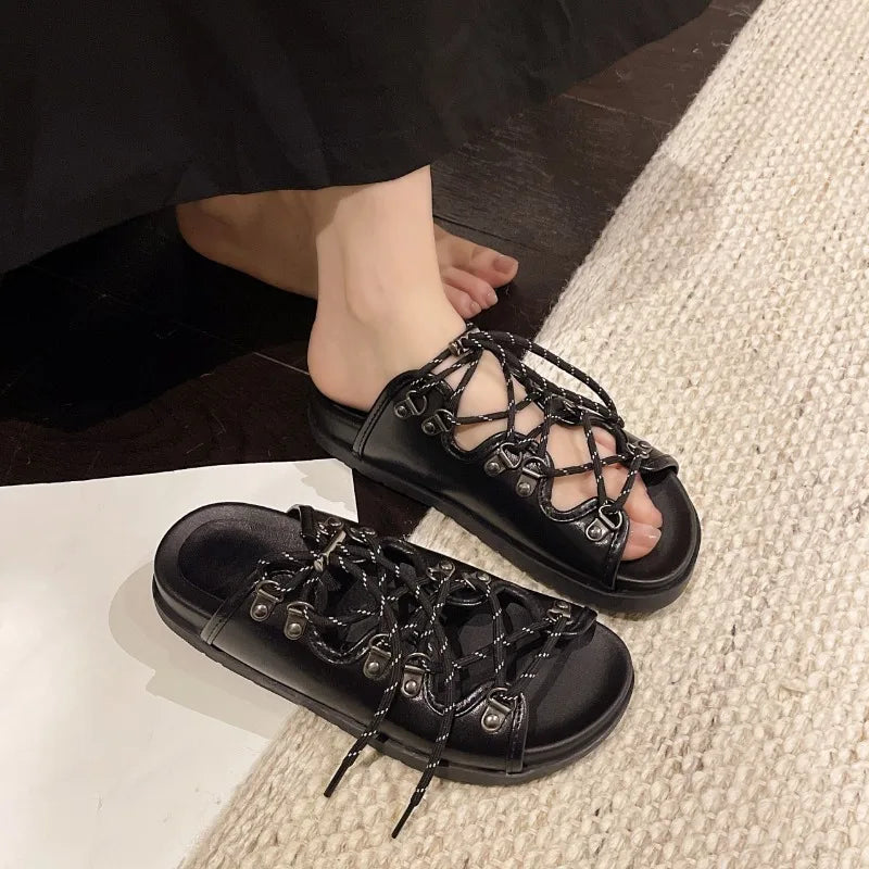 Lace-up Flat Slippers Women's Summer 2026 Open Toe Metal Buckle Zpaxo