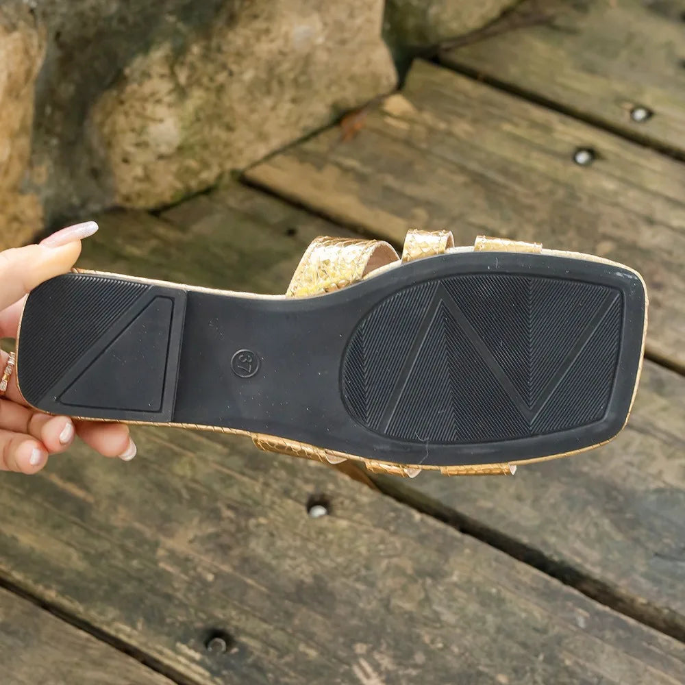 Golden Open Heeled Flat Women's Shoes Leather Sandals Bathroom Slippers Beach Footwear Comfortable Slip-On Sandals for Women Zpaxo