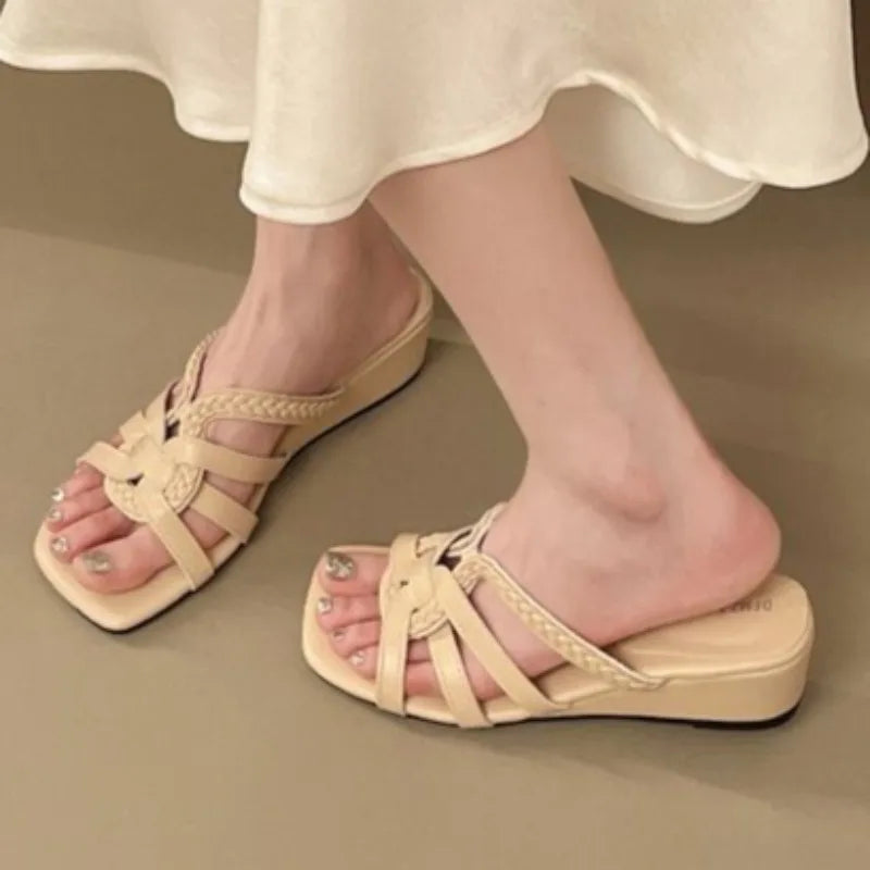 Women's Square Open Toe Solid Weaving Wedge Heel Slippers Summer Zpaxo