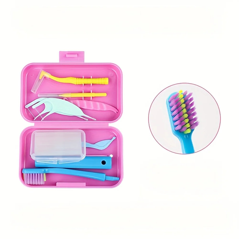 Travel Portable Orthodontic Oral Dental Cleaning Kit Foldable Toothbrush Orthodontic Wax Interdental Brush Oral Cleaning Care Zpaxo Pink