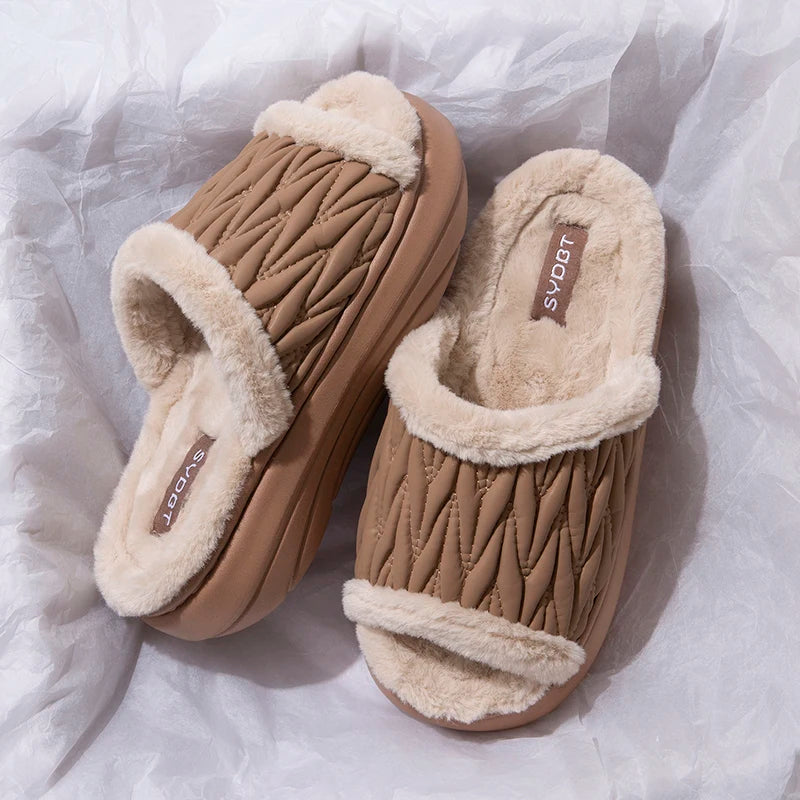 Unisex Block Fuzzy Fur Slippers EVA Thick Anti Slip Platform Sole