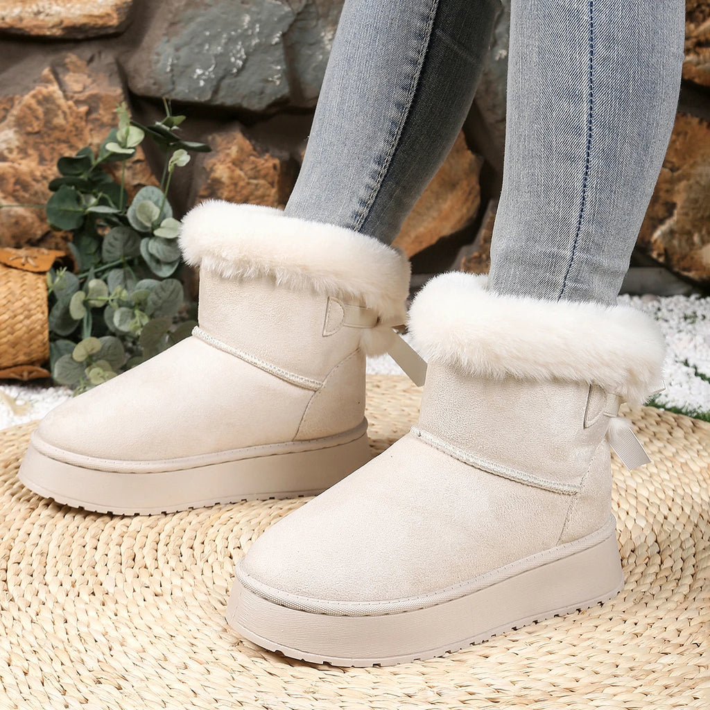 2025 Women Ankle Boots Butterfly Knot Fur Warm Short Boots Comfortable Luxury Women Shoes Winter Thick Bottom Snow Boots Women Zpaxo Beige 41