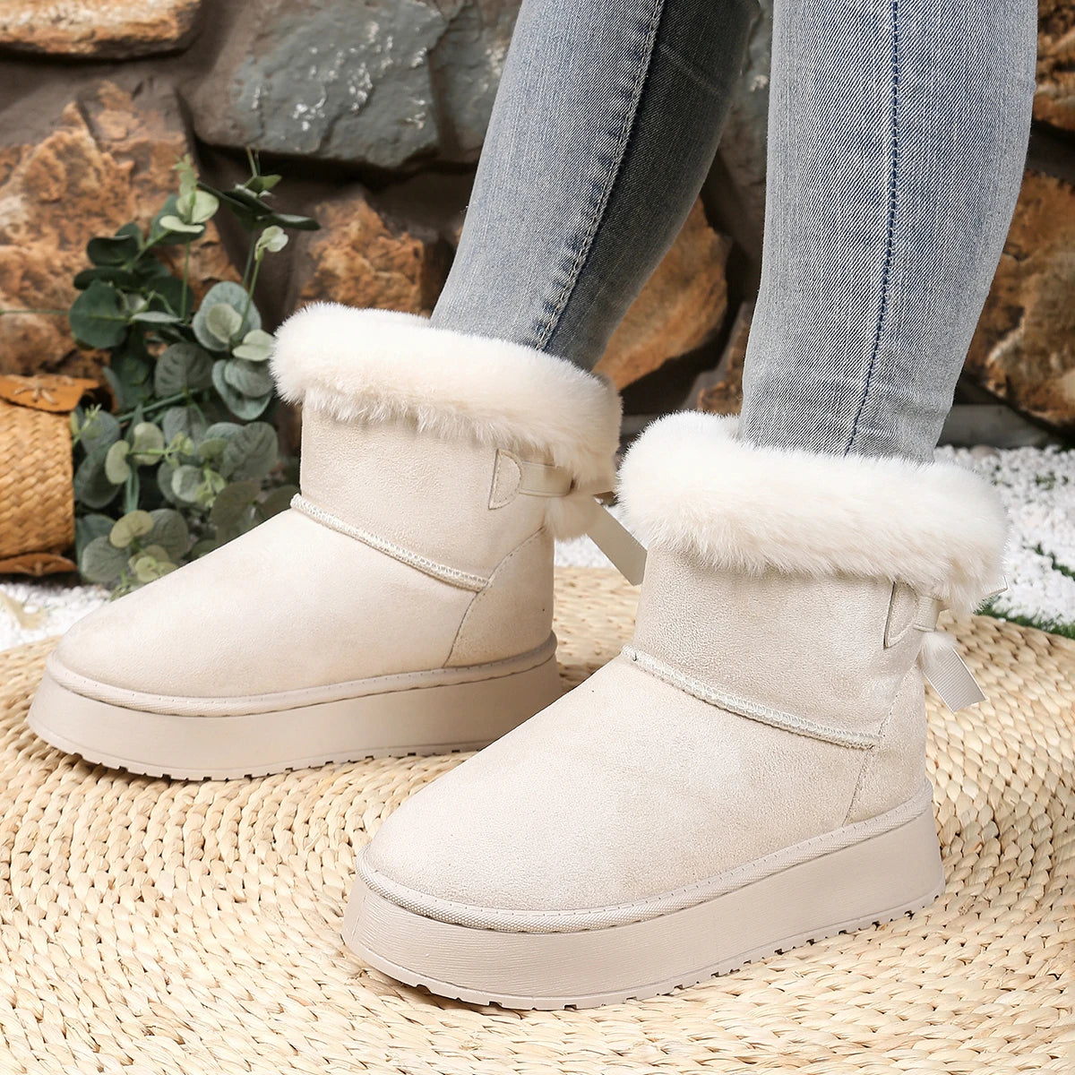 2025 Women Ankle Boots Butterfly Knot Fur Warm Short Boots Comfortable Luxury Women Shoes Winter Thick Bottom Snow Boots Women Zpaxo Beige 41