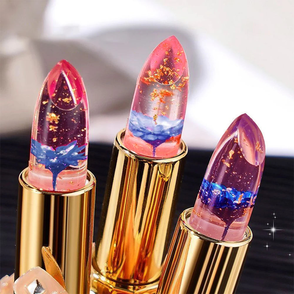 Transparent Flower Infused Lipstick, Gold Foil Jelly Lip Gloss for Long-lasting Hydration & Pink Tint Zpaxo