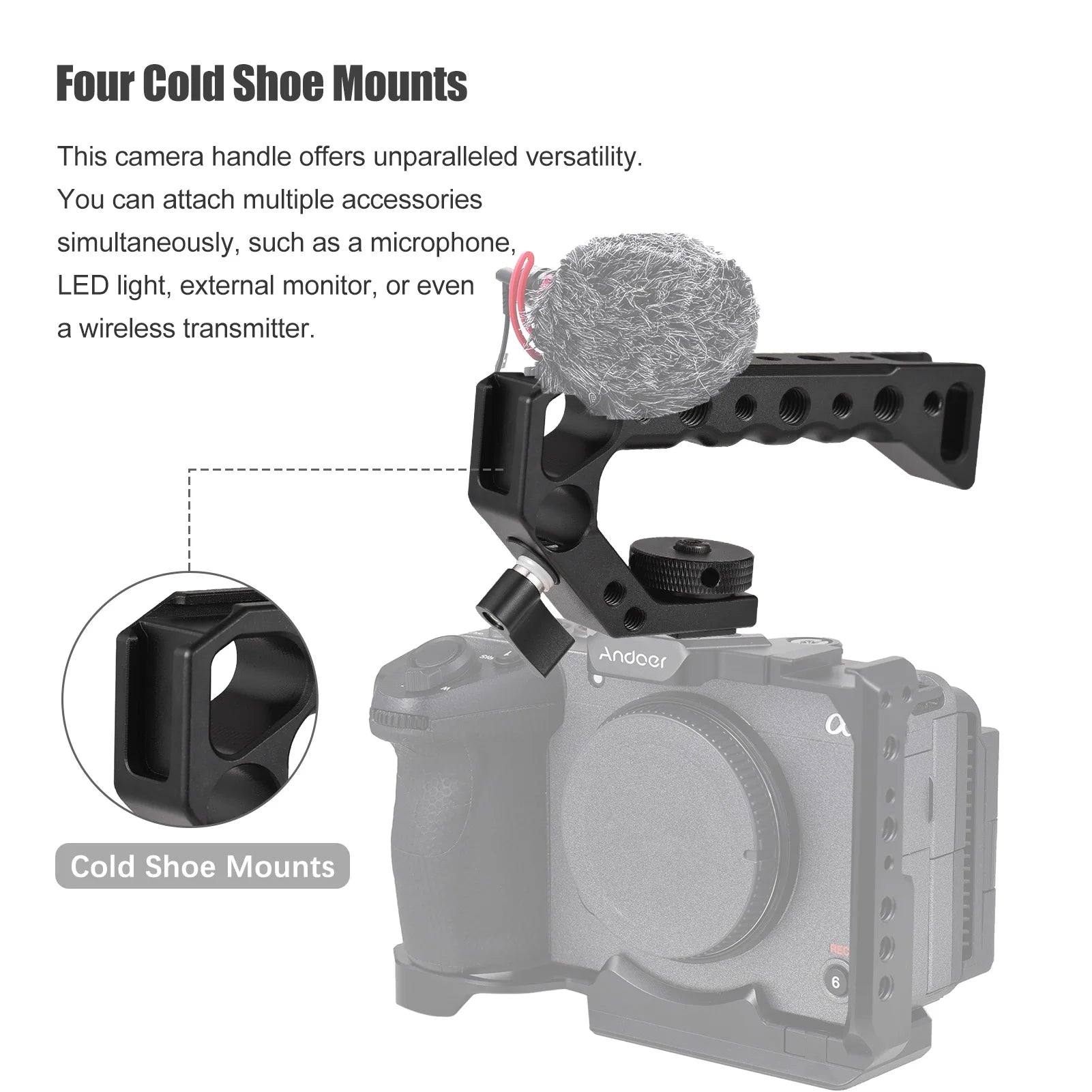Top Handel Camera Top Handgrip with Cold Shoe Mounts ARRI Positiong Hole 1/4 3/8in Threaded Holes for Camera Cage Sports Camera Zpaxo