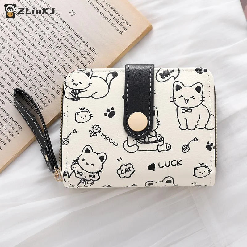 Women Short Wallet PU Leather Cute Cat Coin Purse Folding Zipper ID Zpaxo